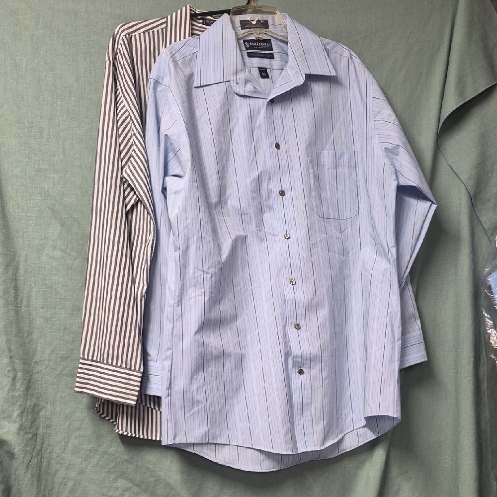 2 Mens Stafford Light Blue and Grey And White Striped Dress Shirts Button Down